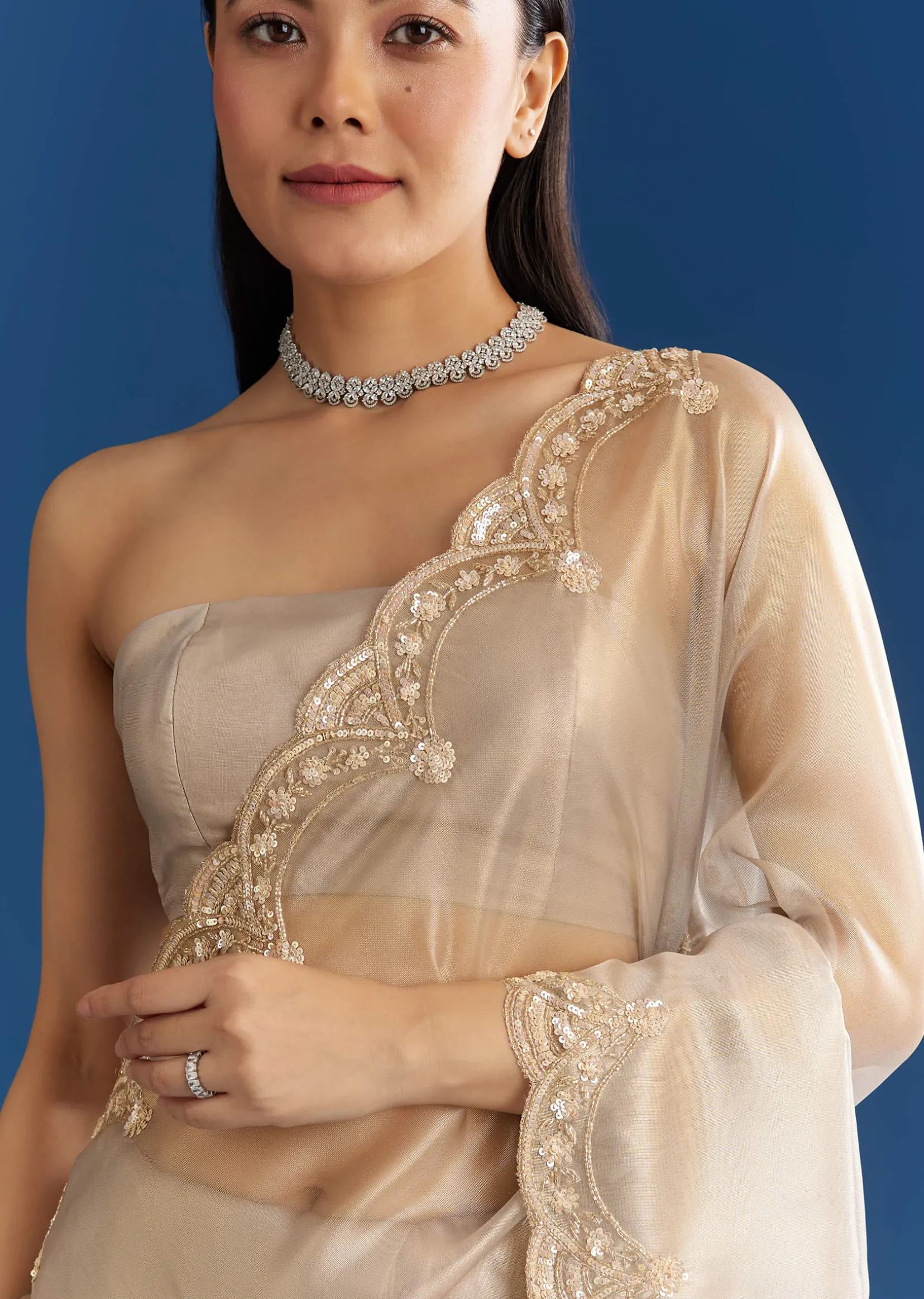 Silver Organza Tissue Saree With Sparkling Border