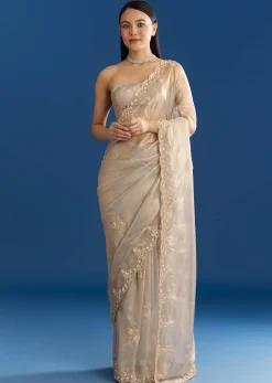 Silver Organza Tissue Saree With Sparkling Border