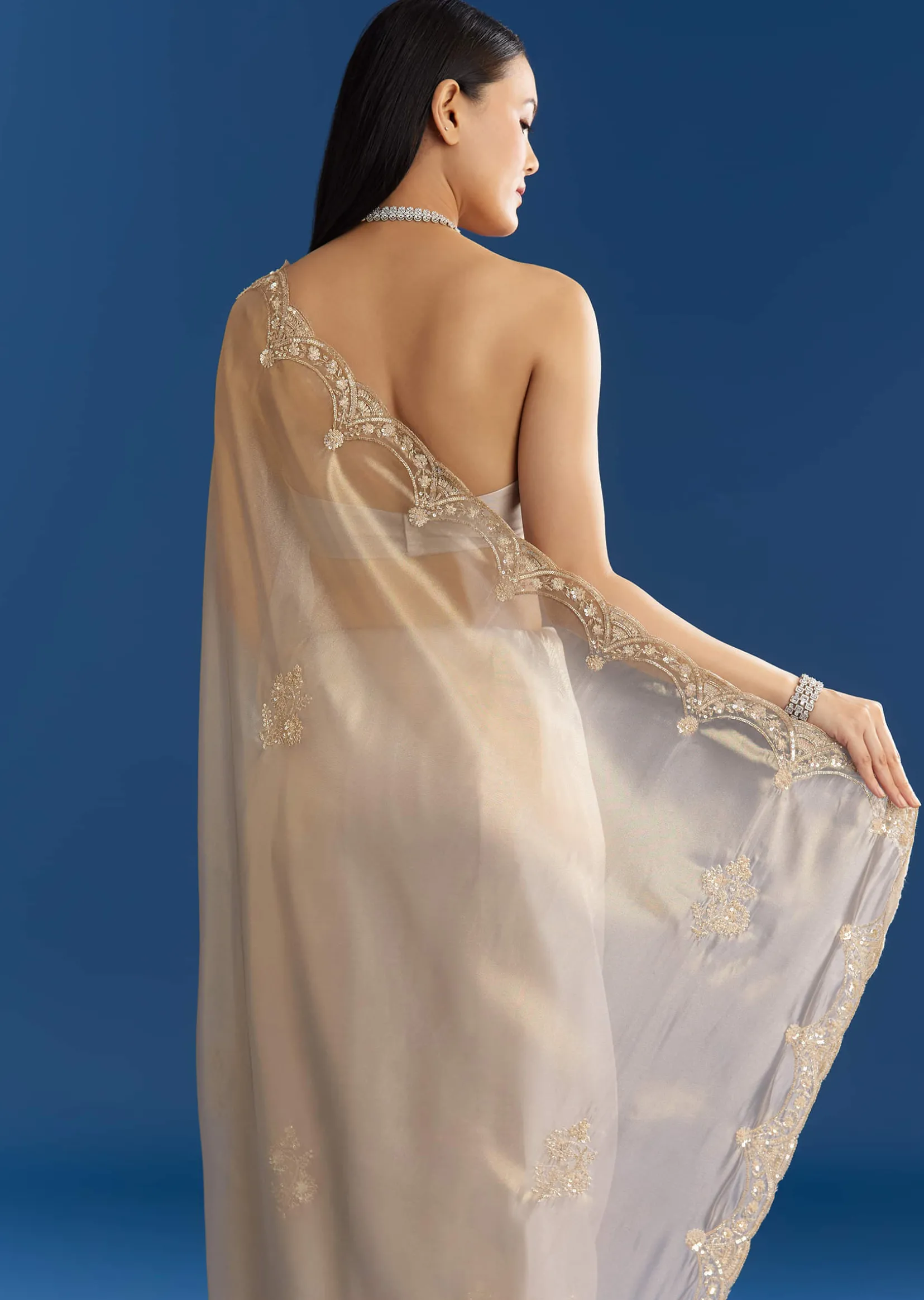 Silver Organza Tissue Saree With Sparkling Border