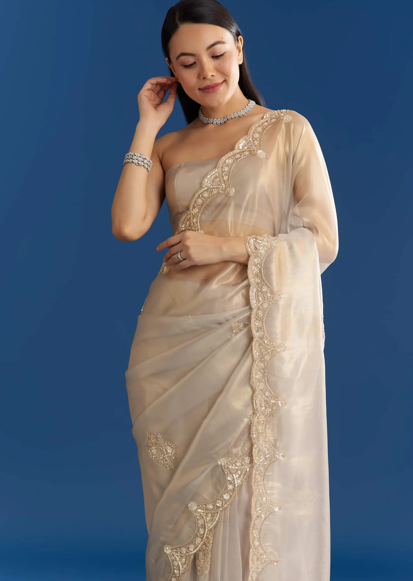 Silver Organza Tissue Saree With Sparkling Border