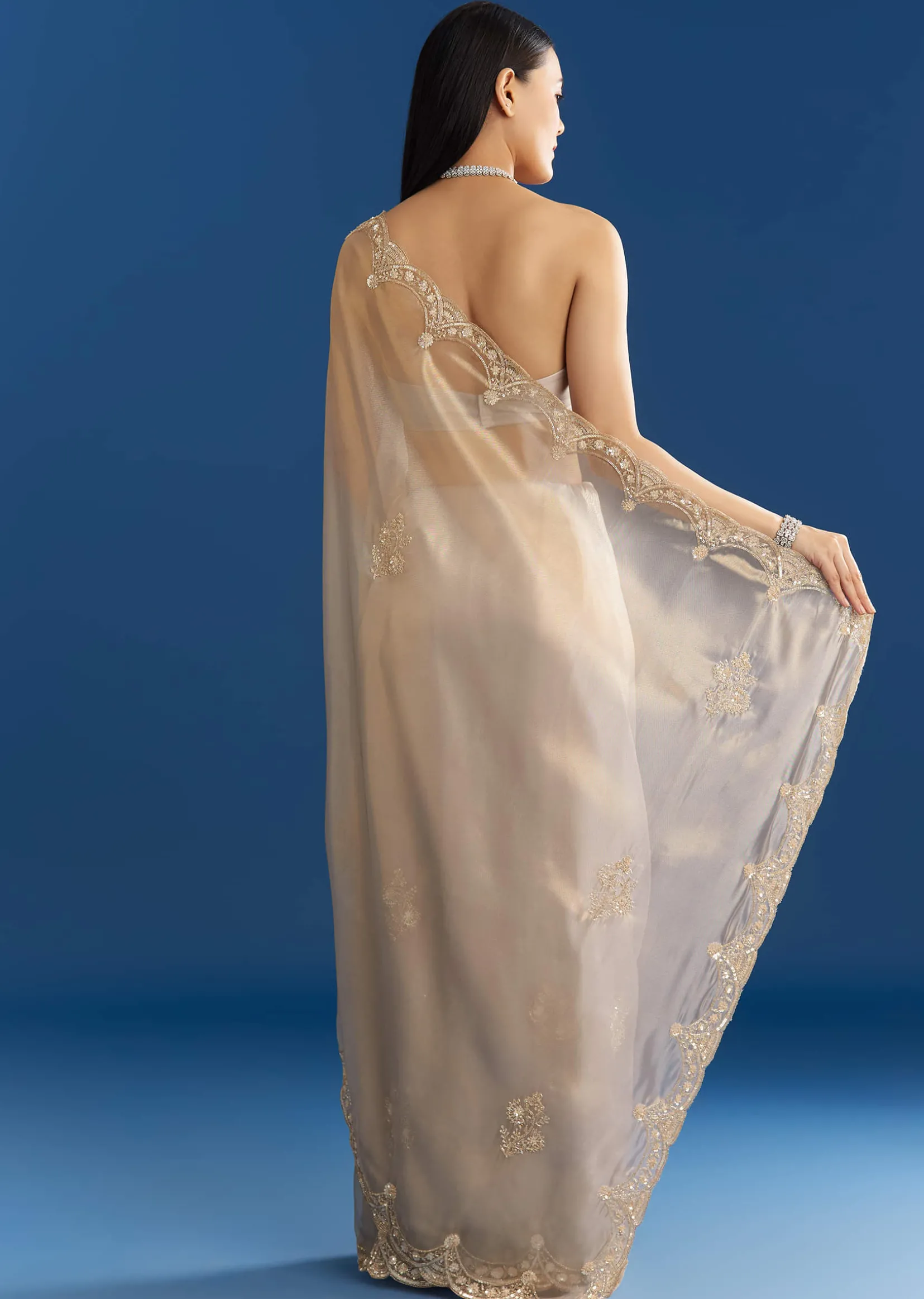 Silver Organza Tissue Saree With Sparkling Border