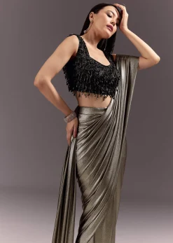 Silver Ready Drape Cutdana Saree With Round Neck Blouse