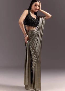 Silver Ready Drape Cutdana Saree With Round Neck Blouse