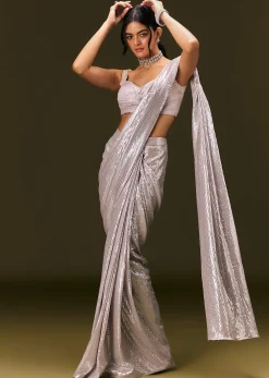 Silver Sequin Stone Embroidered Readymade Saree With Ruched Blouse