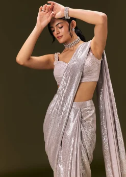 Silver Sequin Stone Embroidered Readymade Saree With Ruched Blouse