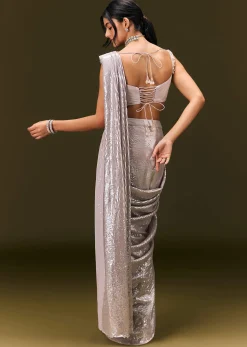 Silver Sequin Stone Embroidered Readymade Saree With Ruched Blouse