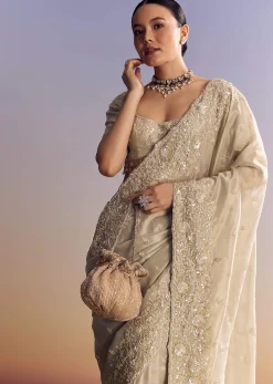 Silver Tissue Saree Embellished With Beads And Sequins