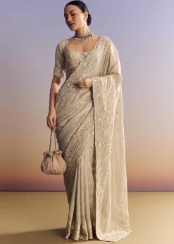 Silver Tissue Saree Embellished With Beads And Sequins