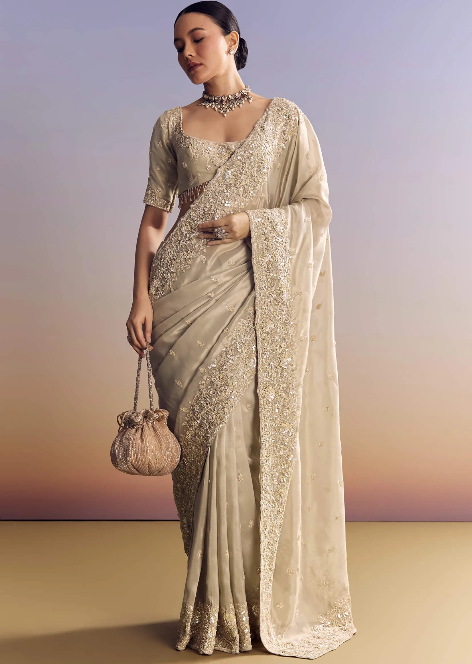 Silver Tissue Saree Embellished With Beads And Sequins