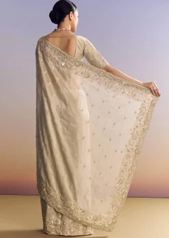 Silver Tissue Saree Embellished With Beads And Sequins
