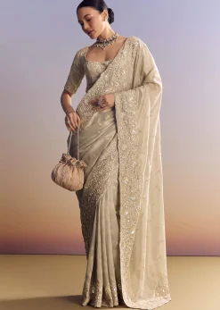 Silver Tissue Saree Embellished With Beads And Sequins
