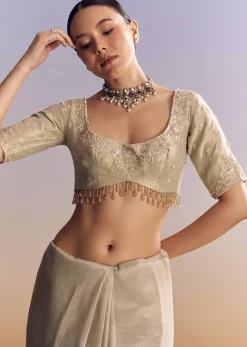Silver Tissue Saree Embellished With Beads And Sequins