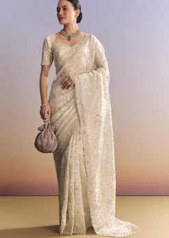 Silver Tissue Saree With Cutwork And Unstitched Embellished Blouse