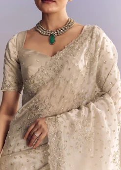 Silver Tissue Saree With Cutwork And Unstitched Embellished Blouse