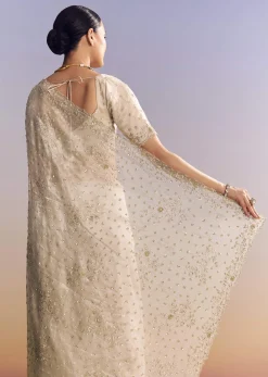 Silver Tissue Saree With Cutwork And Unstitched Embellished Blouse