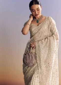 Silver Tissue Saree With Cutwork And Unstitched Embellished Blouse