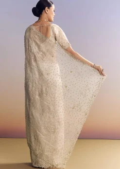 Silver Tissue Saree With Cutwork And Unstitched Embellished Blouse