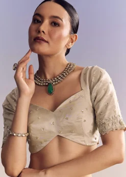 Silver Tissue Saree With Cutwork And Unstitched Embellished Blouse