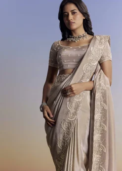 Silver Tissue Saree With Embroidered Scallop Border And Sequin Moti Work