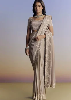 Silver Tissue Saree With Embroidered Scallop Border And Sequin Moti Work