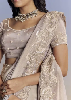Silver Tissue Saree With Embroidered Scallop Border And Sequin Moti Work