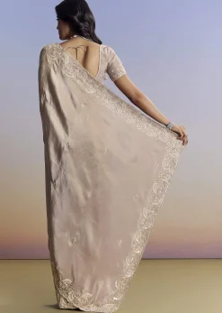 Silver Tissue Saree With Embroidered Scallop Border And Sequin Moti Work