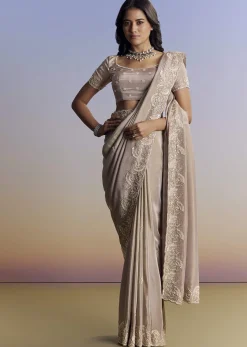 Silver Tissue Saree With Embroidered Scallop Border And Sequin Moti Work