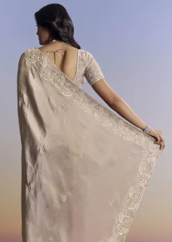 Silver Tissue Saree With Embroidered Scallop Border And Sequin Moti Work