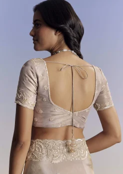 Silver Tissue Saree With Embroidered Scallop Border And Sequin Moti Work