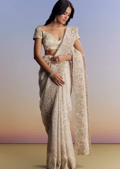 Silver Tissue Saree With Floral Cut Dana Embroidery