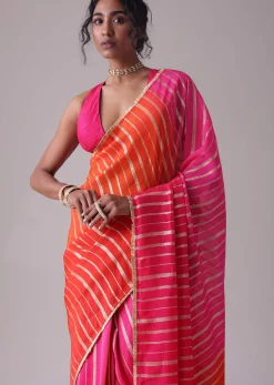 Ski Patrol Red Woven Ombre Saree In Organza