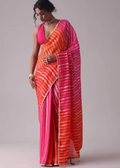 Ski Patrol Red Woven Ombre Saree In Organza