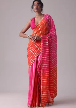Ski Patrol Red Woven Ombre Saree In Organza