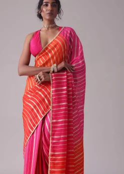 Ski Patrol Red Woven Ombre Saree In Organza