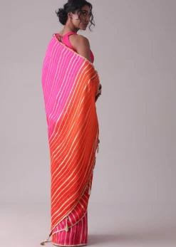 Ski Patrol Red Woven Ombre Saree In Organza