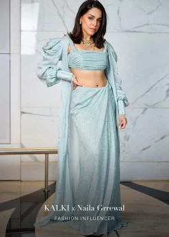 Sky Blue Back Open Gathered Blouse With Draped Skirt And Jacket