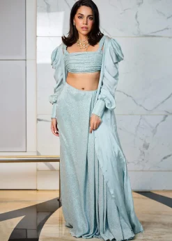 Sky Blue Back Open Gathered Blouse With Draped Skirt And Jacket