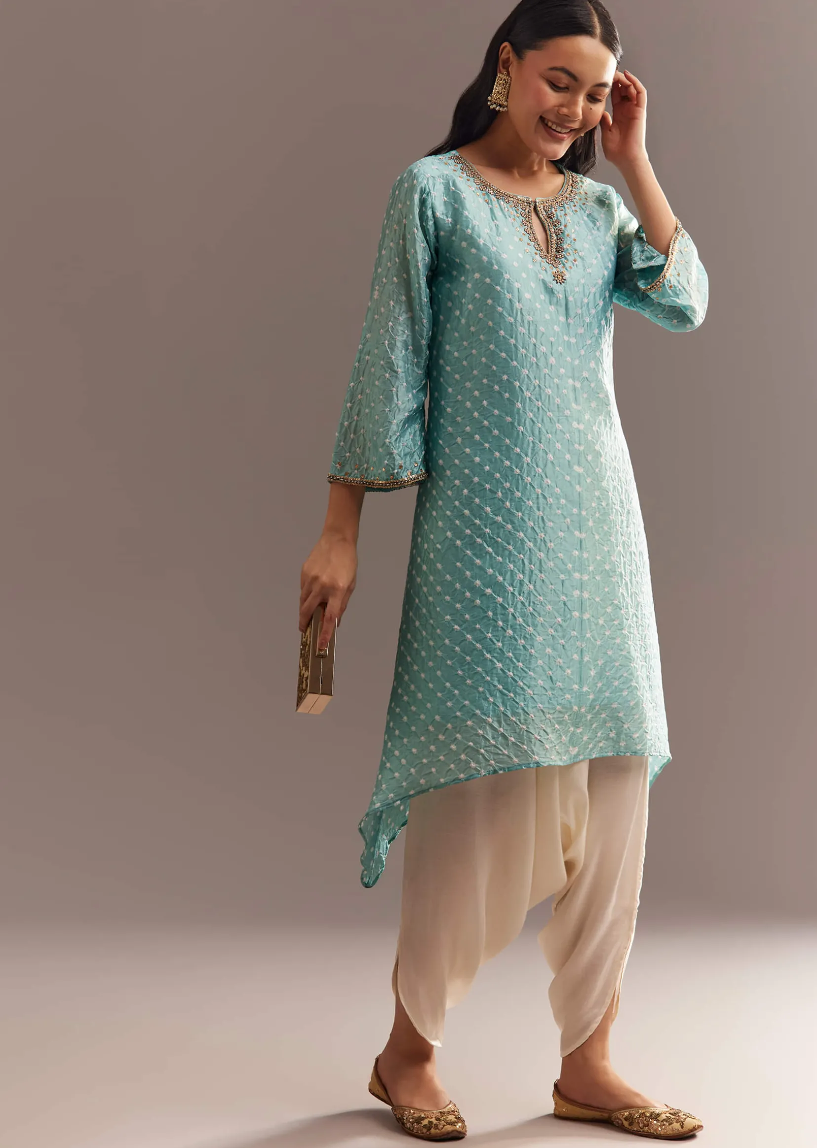Sky Blue Bandhani Embroidered Kurta Dhoti