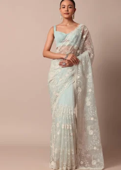 Sky Blue Chikankari Saree In Organza Silk With Scallop Border And Unstitched Blouse Fabric