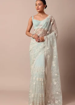 Sky Blue Chikankari Saree In Organza Silk With Scallop Border And Unstitched Blouse Fabric