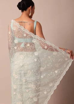 Sky Blue Chikankari Saree In Organza Silk With Scallop Border And Unstitched Blouse Fabric