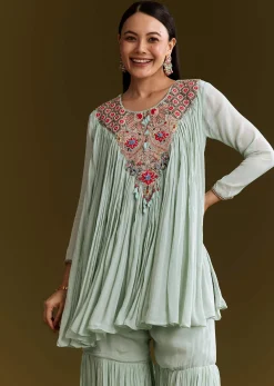 Sky Blue Chinon Flared Kurta Set With Thread Work