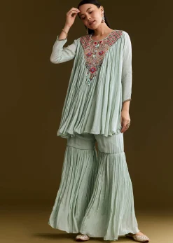 Sky Blue Chinon Flared Kurta Set With Thread Work