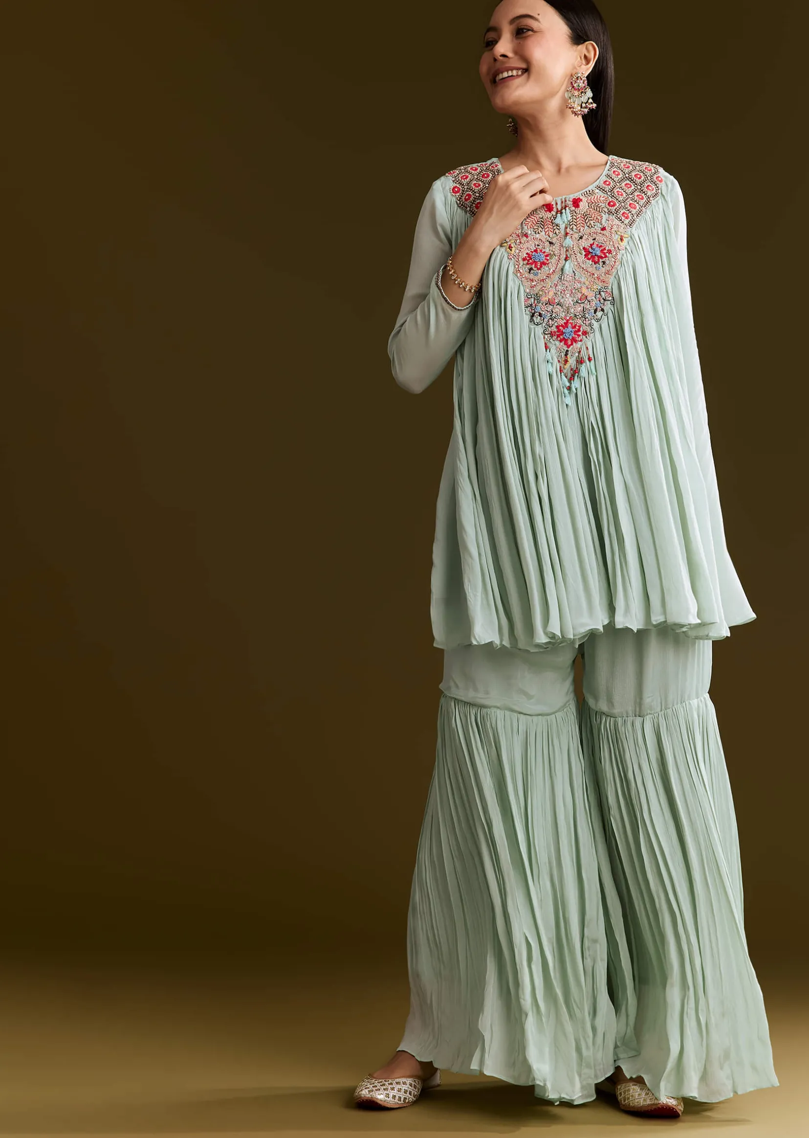 Sky Blue Chinon Flared Kurta Set With Thread Work