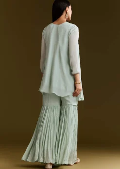 Sky Blue Chinon Flared Kurta Set With Thread Work