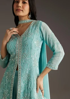 Sky Blue Chinon Front Slit Kurta Palazzo Set With Choker Style Dupatta