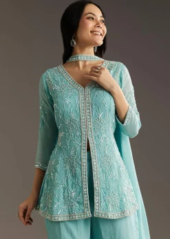 Sky Blue Chinon Front Slit Kurta Palazzo Set With Choker Style Dupatta