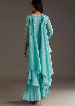 Sky Blue Chinon Front Slit Kurta Palazzo Set With Choker Style Dupatta