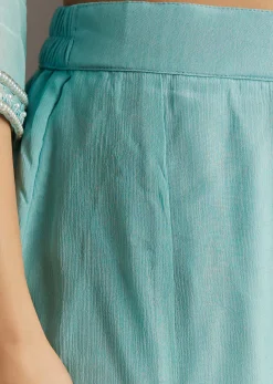 Sky Blue Chinon Front Slit Kurta Palazzo Set With Choker Style Dupatta