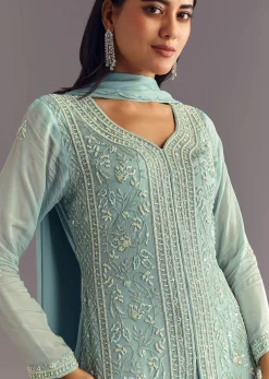 Sky Blue Chinon Kurta Dupatta Set With Moti And Cutdana Work